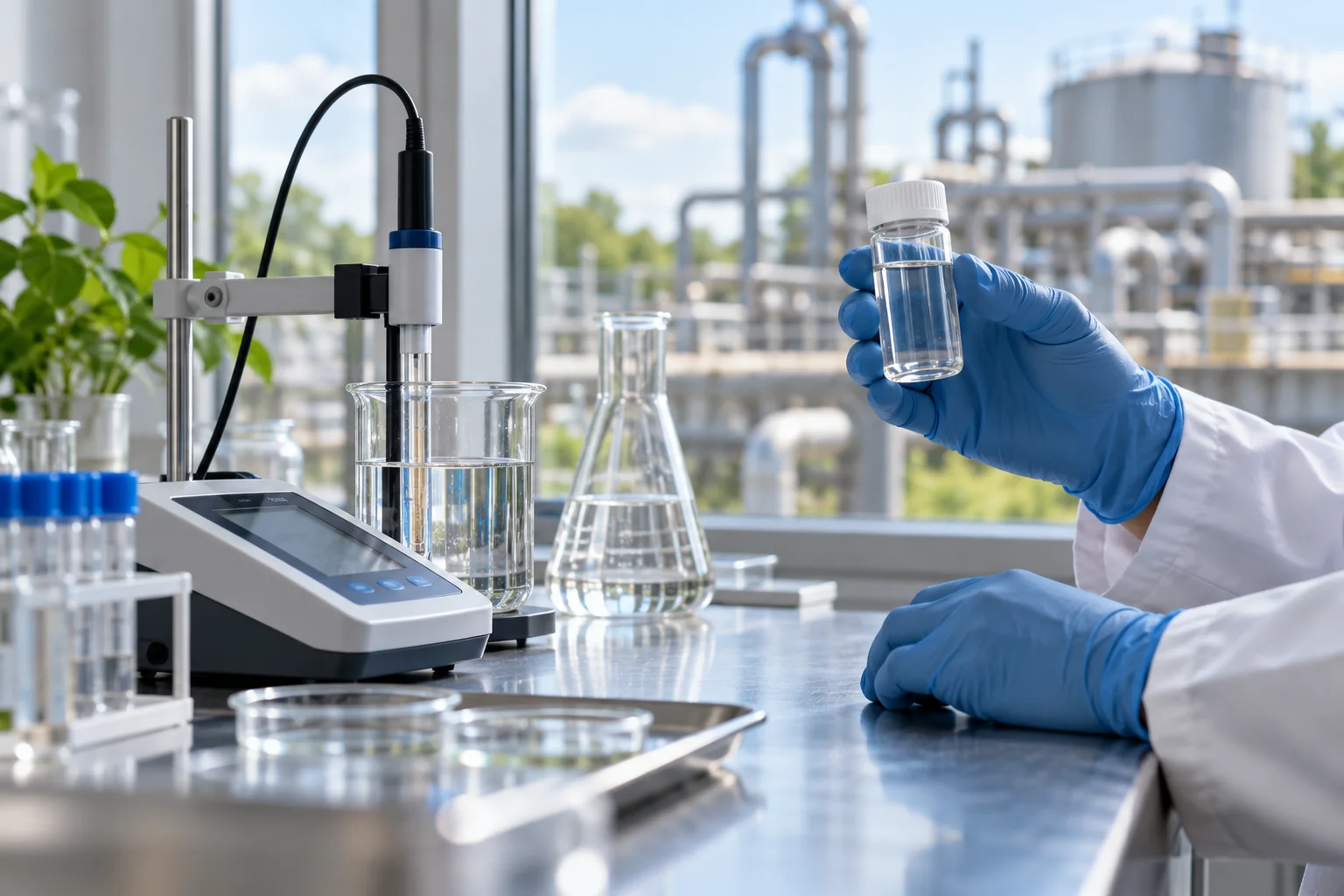 Illustrative laboratory visualization of water sample assessment using glass vessels and a bench instrument